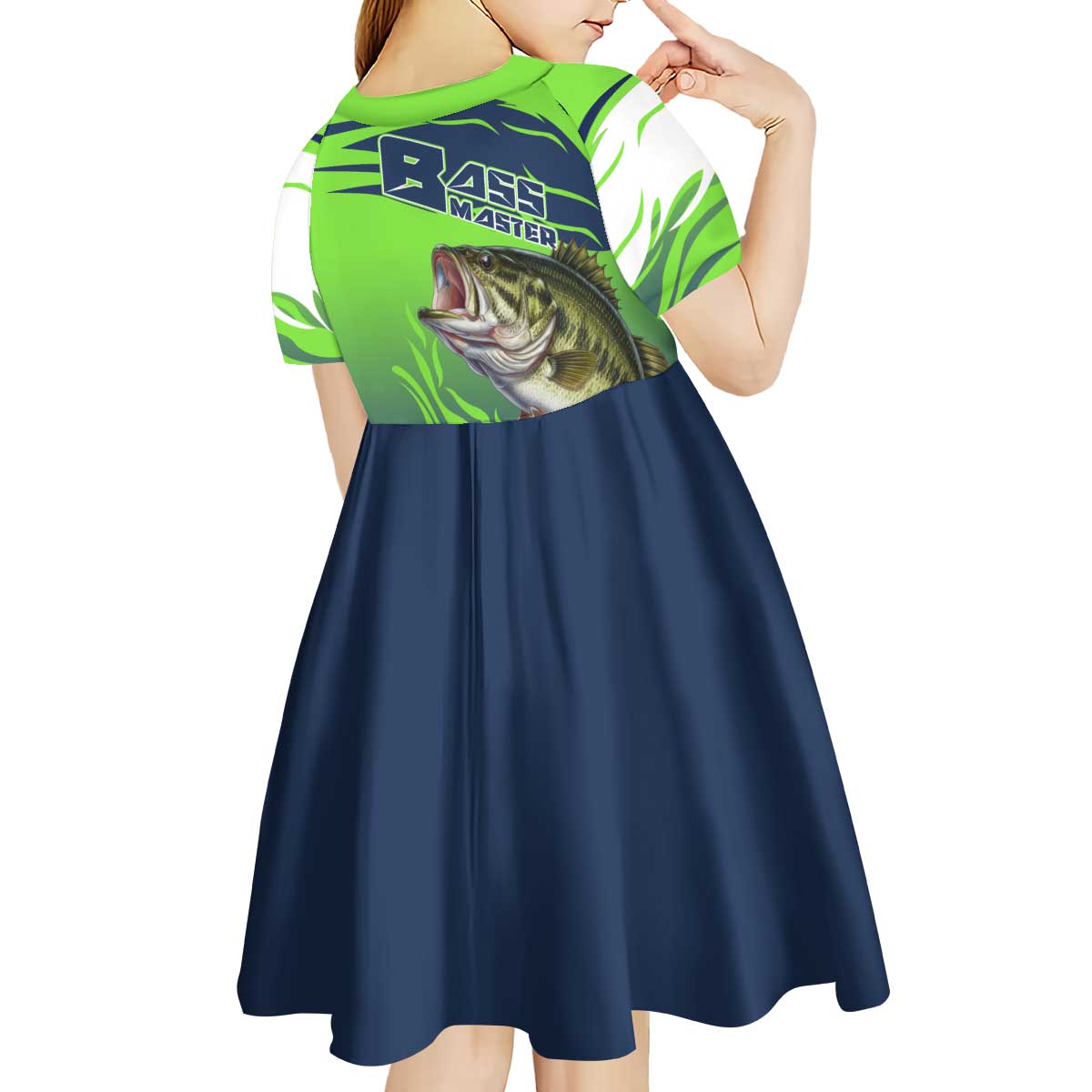 Bass Master Fishing Kid Short Sleeve Dress with Jumping Largemouth Bass and Green Wave Pattern - Wonder Print Shop