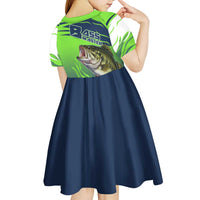Bass Master Fishing Kid Short Sleeve Dress with Jumping Largemouth Bass and Green Wave Pattern - Wonder Print Shop