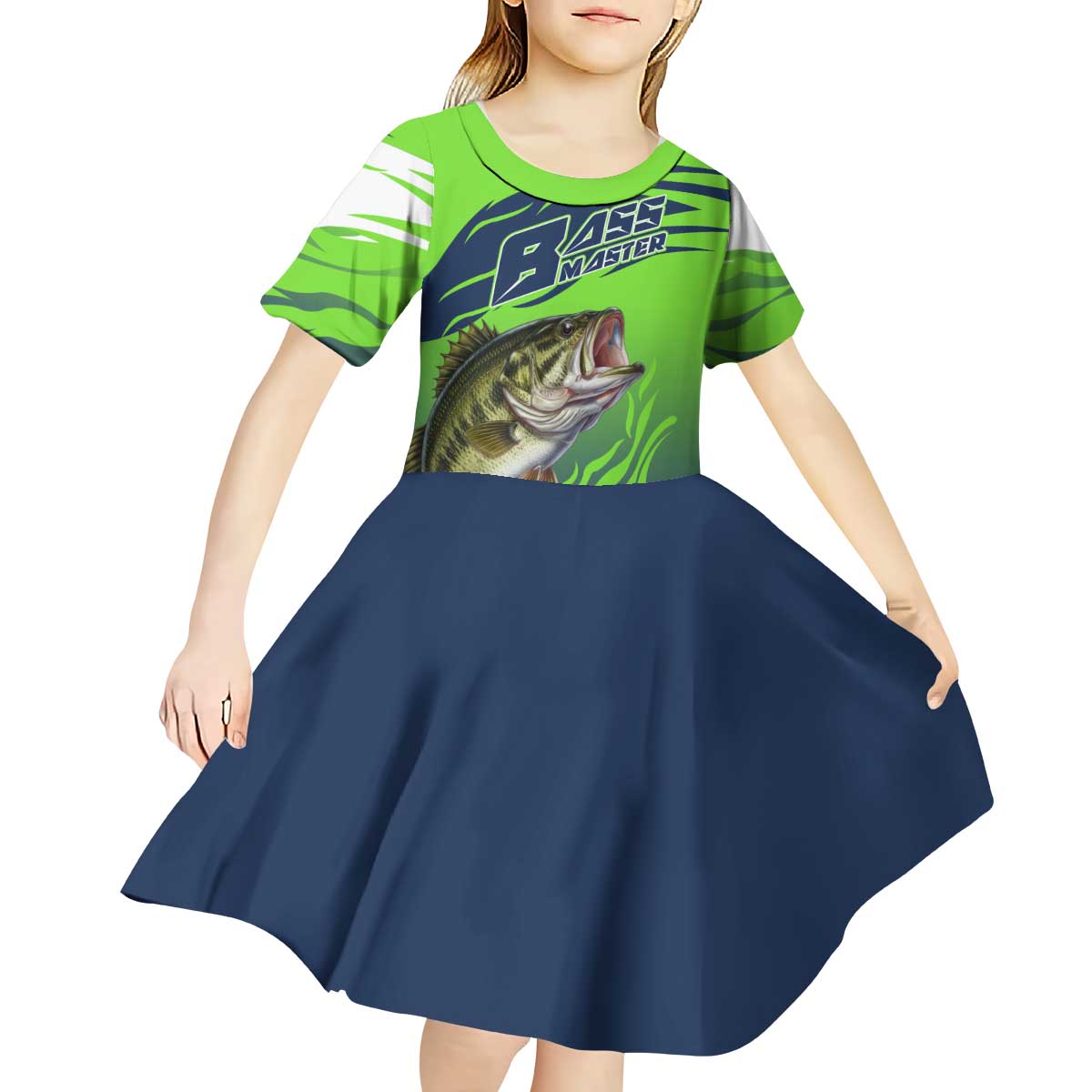 Bass Master Fishing Kid Short Sleeve Dress with Jumping Largemouth Bass and Green Wave Pattern - Wonder Print Shop