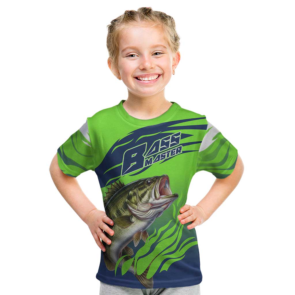 Bass Master Fishing Kid T Shirt with Jumping Largemouth Bass and Green Wave Pattern - Wonder Print Shop