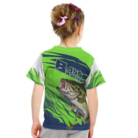 Bass Master Fishing Kid T Shirt with Jumping Largemouth Bass and Green Wave Pattern - Wonder Print Shop