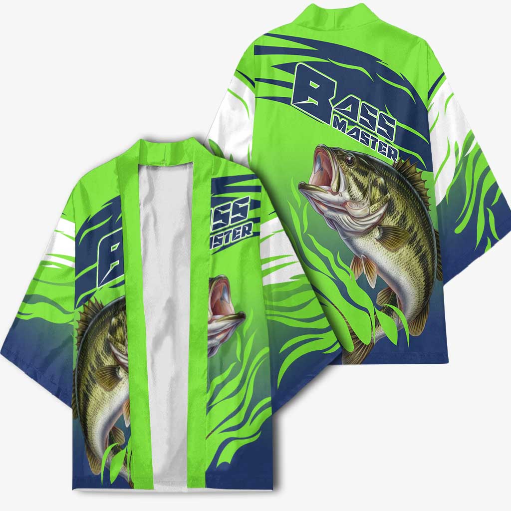 Bass Master Fishing Kimono with Jumping Largemouth Bass and Green Wave Pattern - Wonder Print Shop