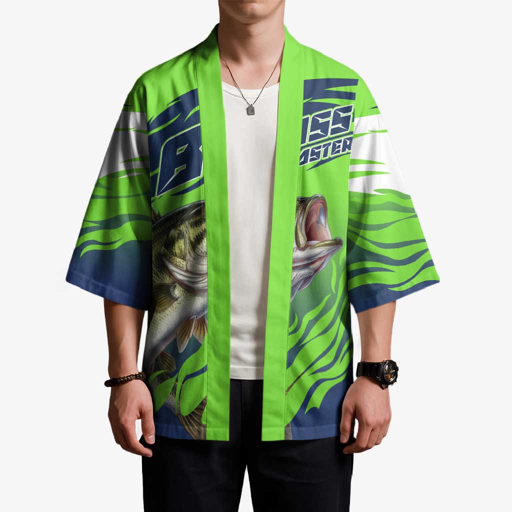 Bass Master Fishing Kimono with Jumping Largemouth Bass and Green Wave Pattern - Wonder Print Shop