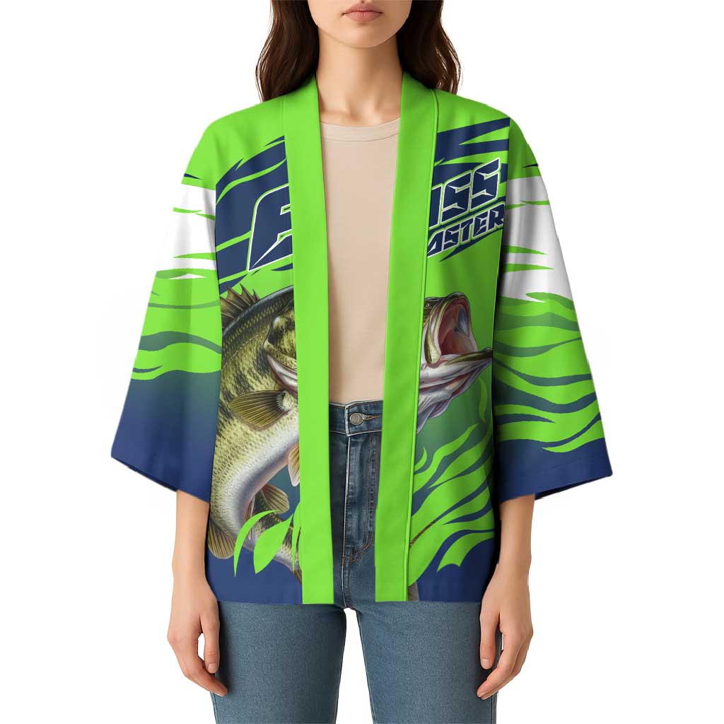 Bass Master Fishing Kimono with Jumping Largemouth Bass and Green Wave Pattern - Wonder Print Shop