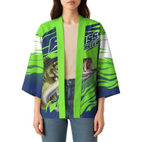 Bass Master Fishing Kimono with Jumping Largemouth Bass and Green Wave Pattern - Wonder Print Shop