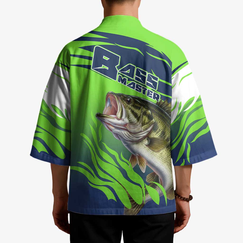 Bass Master Fishing Kimono with Jumping Largemouth Bass and Green Wave Pattern - Wonder Print Shop