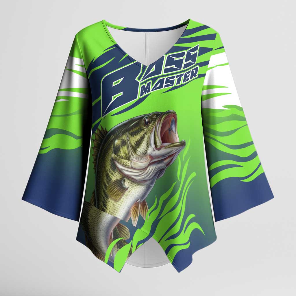 Bass Master Fishing Kimono Sleeve Blouse with Jumping Largemouth Bass and Green Wave Pattern - Wonder Print Shop
