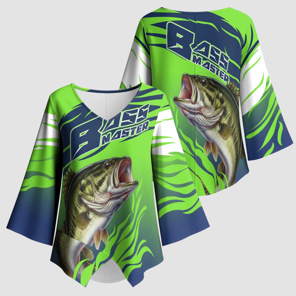 Bass Master Fishing Kimono Sleeve Blouse with Jumping Largemouth Bass and Green Wave Pattern - Wonder Print Shop