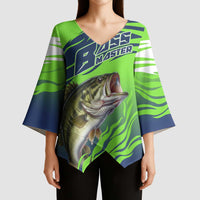 Bass Master Fishing Kimono Sleeve Blouse with Jumping Largemouth Bass and Green Wave Pattern - Wonder Print Shop