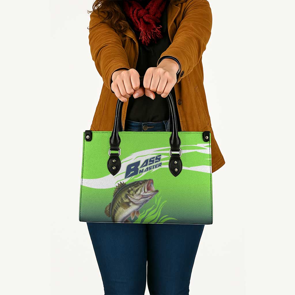 Bass Master Fishing Leather Bag with Jumping Largemouth Bass and Green Wave Pattern - Wonder Print Shop