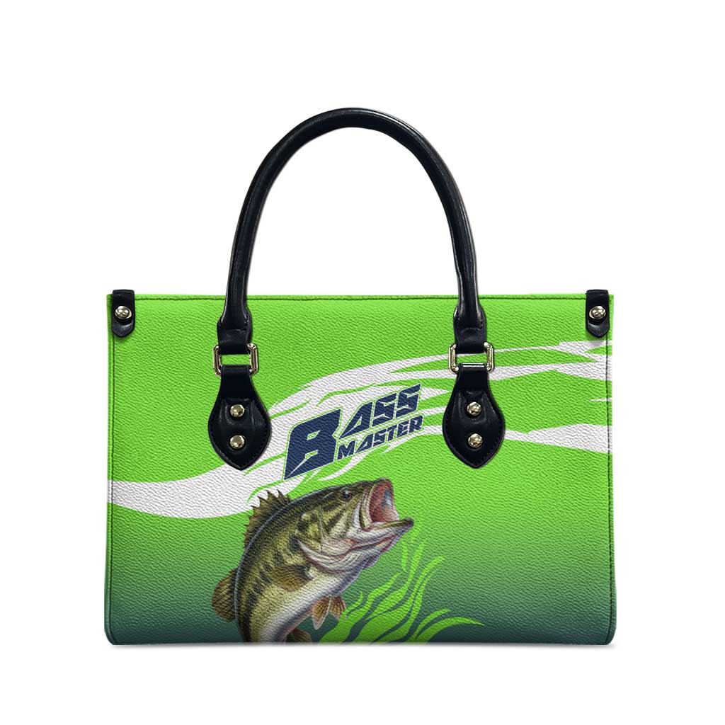 Bass Master Fishing Leather Bag with Jumping Largemouth Bass and Green Wave Pattern - Wonder Print Shop