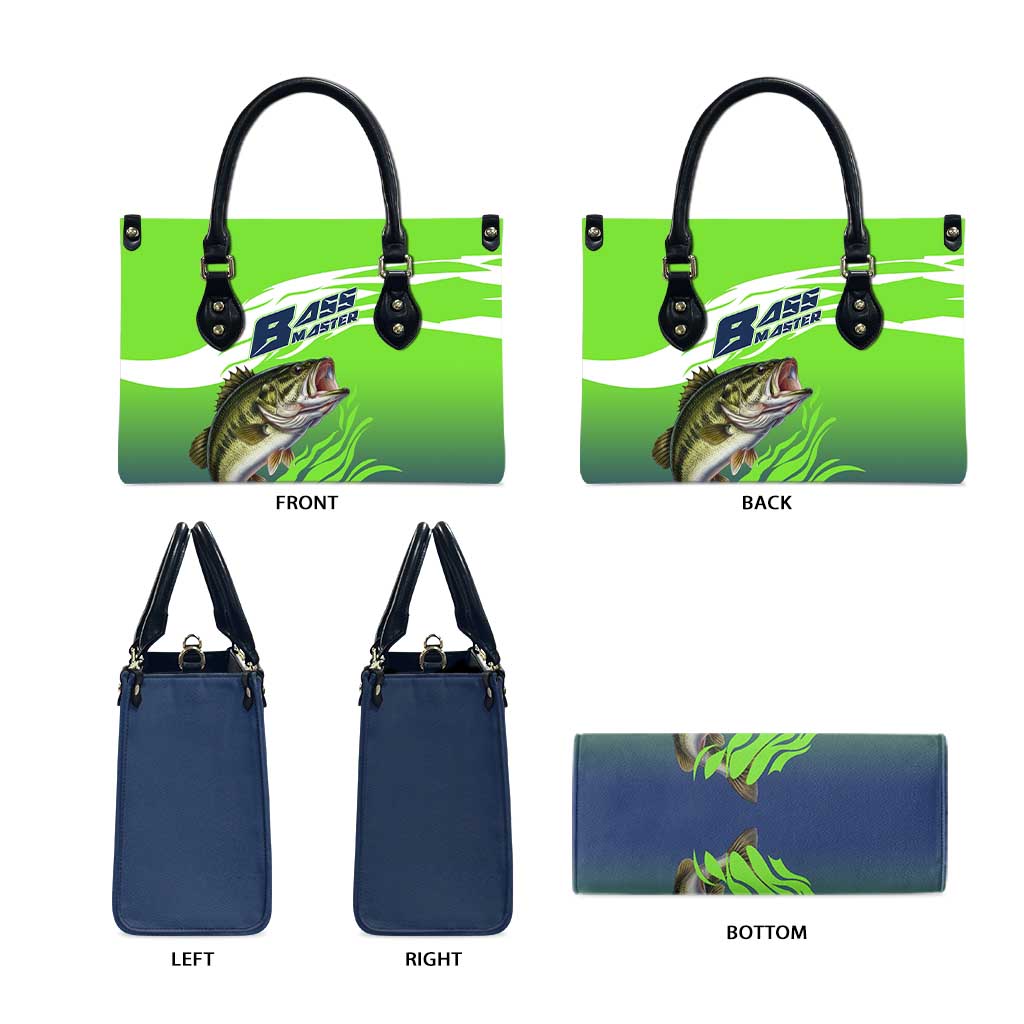 Bass Master Fishing Leather Bag with Jumping Largemouth Bass and Green Wave Pattern - Wonder Print Shop
