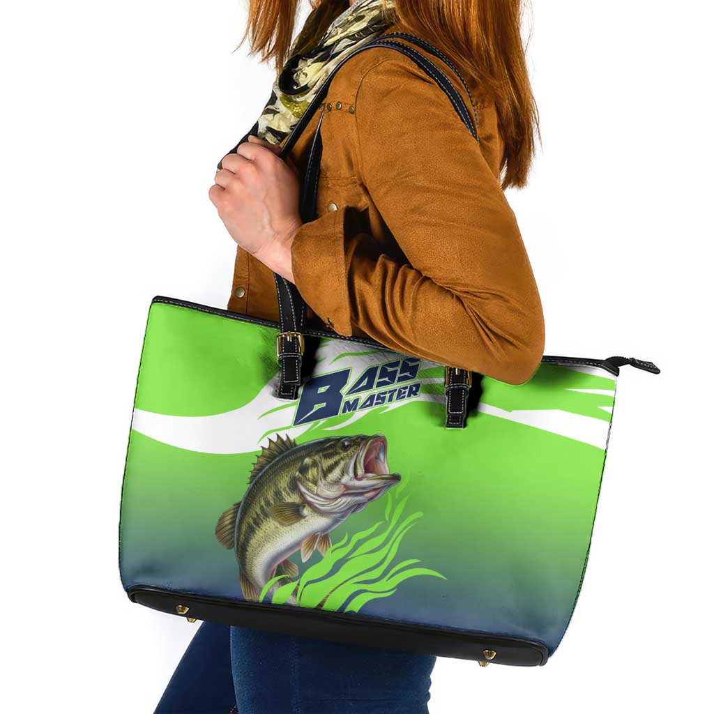 Bass Master Fishing Leather Tote Bag with Jumping Largemouth Bass and Green Wave Pattern - Wonder Print Shop