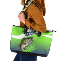 Bass Master Fishing Leather Tote Bag with Jumping Largemouth Bass and Green Wave Pattern - Wonder Print Shop