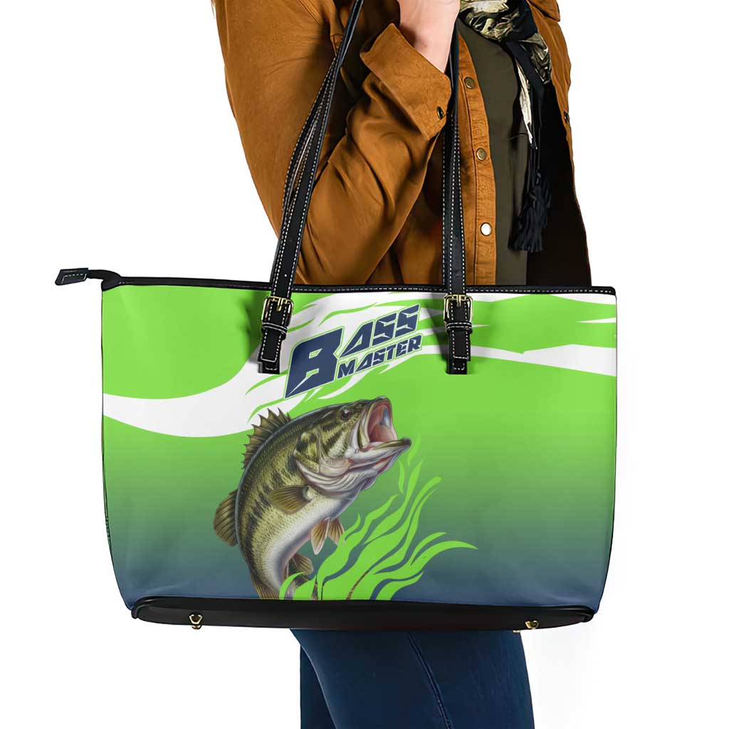 Bass Master Fishing Leather Tote Bag with Jumping Largemouth Bass and Green Wave Pattern - Wonder Print Shop