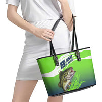 Bass Master Fishing Leather Tote Bag with Jumping Largemouth Bass and Green Wave Pattern - Wonder Print Shop