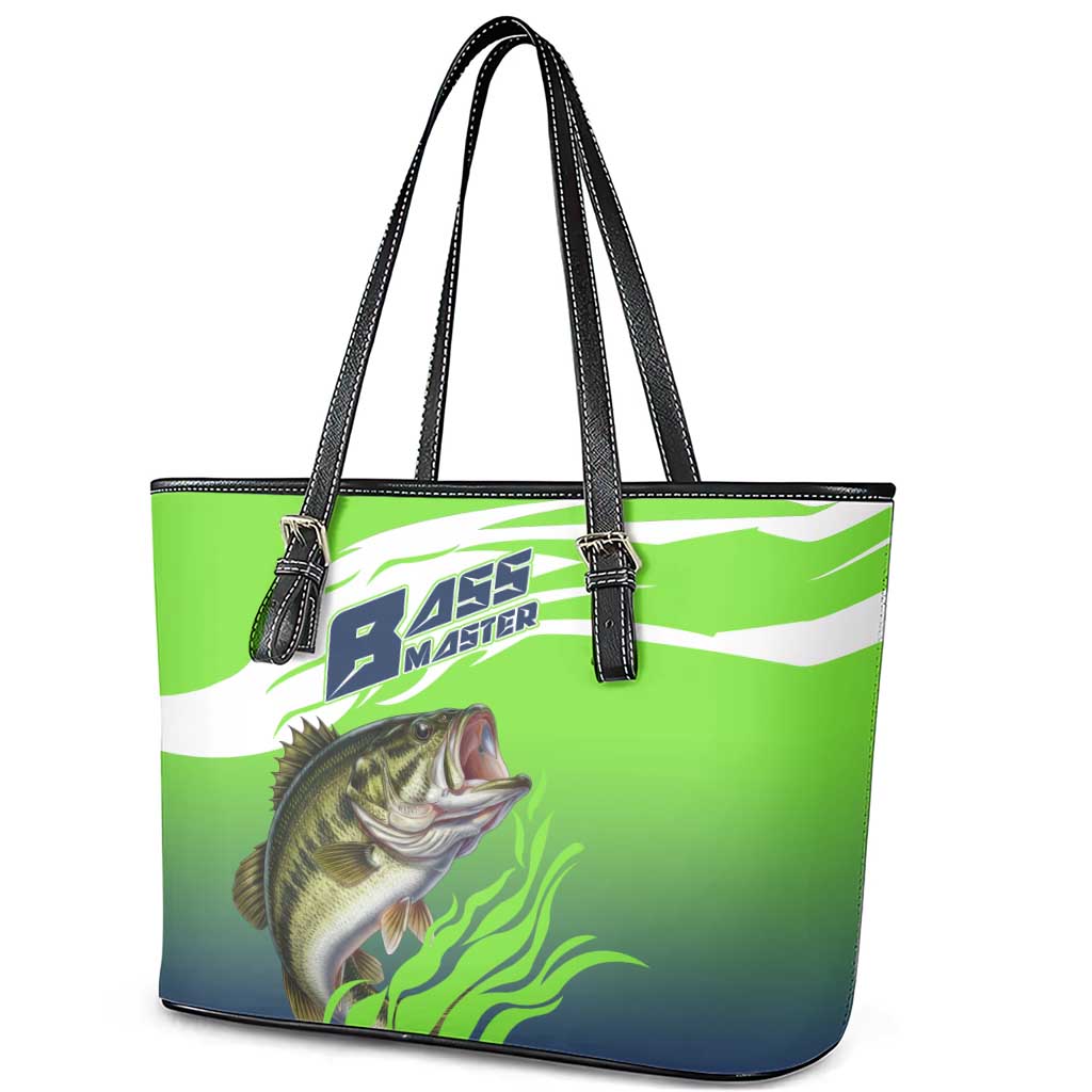 Bass Master Fishing Leather Tote Bag with Jumping Largemouth Bass and Green Wave Pattern - Wonder Print Shop