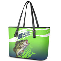Bass Master Fishing Leather Tote Bag with Jumping Largemouth Bass and Green Wave Pattern - Wonder Print Shop