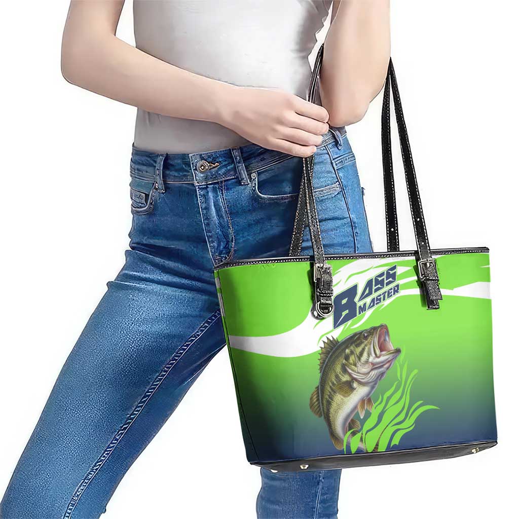 Bass Master Fishing Leather Tote Bag with Jumping Largemouth Bass and Green Wave Pattern - Wonder Print Shop