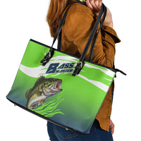 Bass Master Fishing Leather Tote Bag with Jumping Largemouth Bass and Green Wave Pattern - Wonder Print Shop