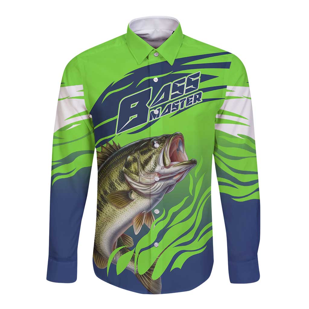 Bass Master Fishing Long Sleeve Button Shirt with Jumping Largemouth Bass and Green Wave Pattern - Wonder Print Shop