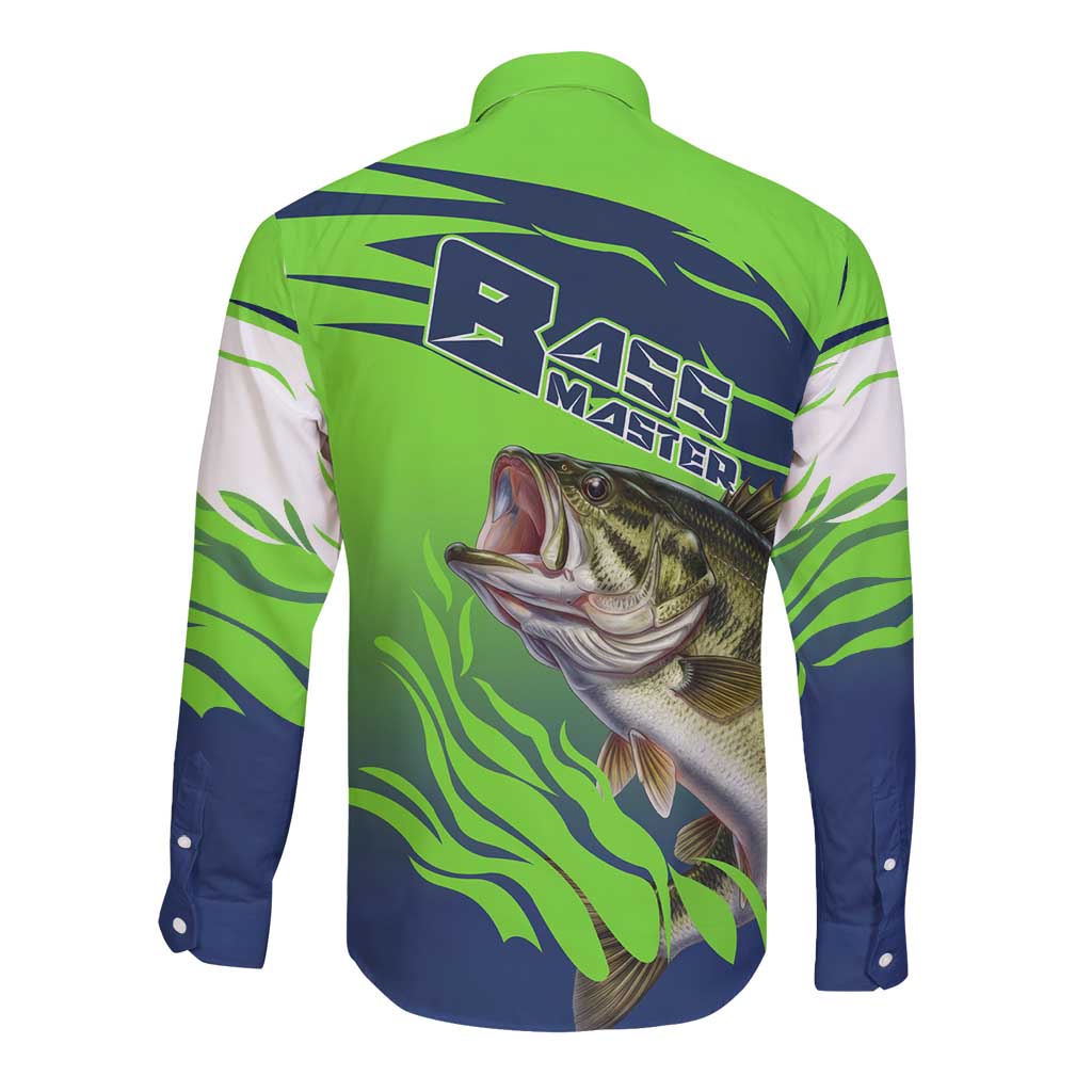 Bass Master Fishing Long Sleeve Button Shirt with Jumping Largemouth Bass and Green Wave Pattern - Wonder Print Shop