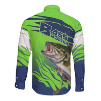 Bass Master Fishing Long Sleeve Button Shirt with Jumping Largemouth Bass and Green Wave Pattern - Wonder Print Shop