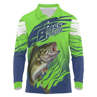 Bass Master Fishing Long Sleeve Polo Shirt with Jumping Largemouth Bass and Green Wave Pattern - Wonder Print Shop