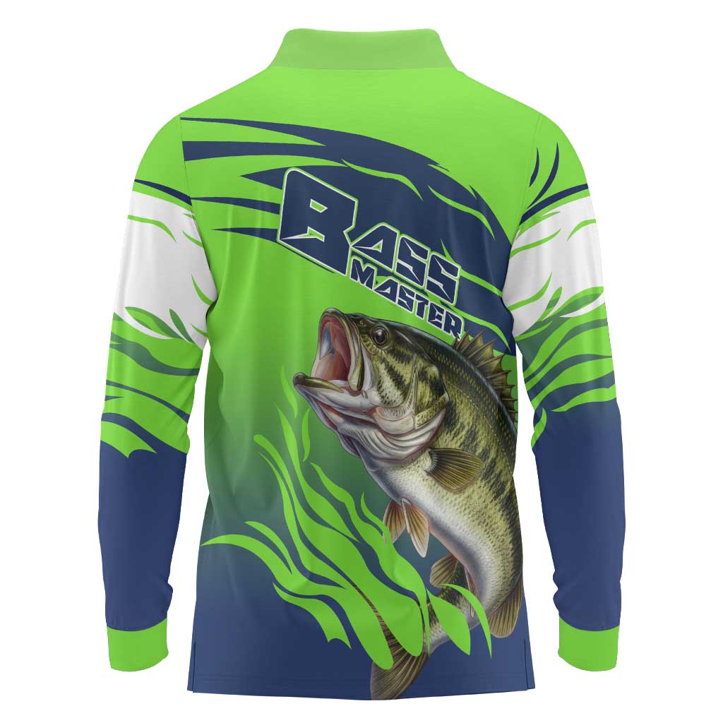 Bass Master Fishing Long Sleeve Polo Shirt with Jumping Largemouth Bass and Green Wave Pattern - Wonder Print Shop