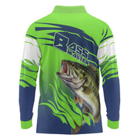Bass Master Fishing Long Sleeve Polo Shirt with Jumping Largemouth Bass and Green Wave Pattern - Wonder Print Shop