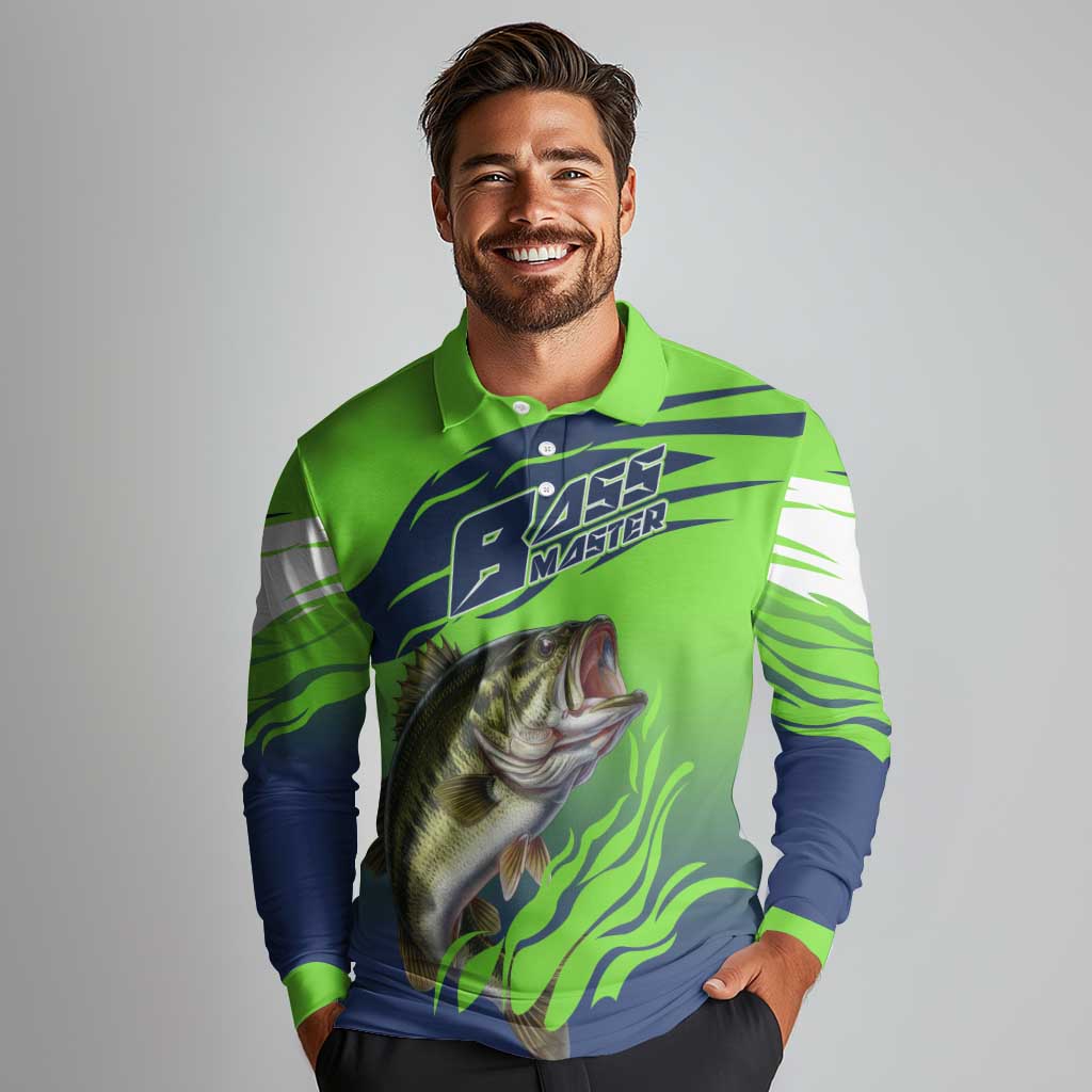 Bass Master Fishing Long Sleeve Polo Shirt with Jumping Largemouth Bass and Green Wave Pattern - Wonder Print Shop