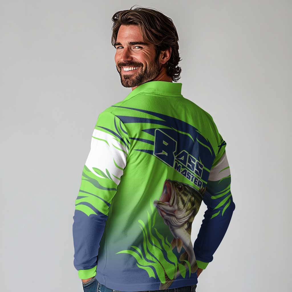 Bass Master Fishing Long Sleeve Polo Shirt with Jumping Largemouth Bass and Green Wave Pattern - Wonder Print Shop