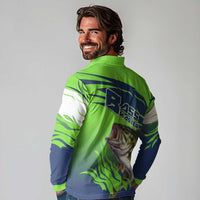 Bass Master Fishing Long Sleeve Polo Shirt with Jumping Largemouth Bass and Green Wave Pattern - Wonder Print Shop