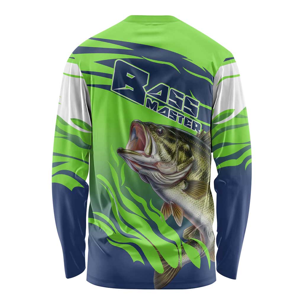 Bass Master Fishing Long Sleeve Shirt with Jumping Largemouth Bass and Green Wave Pattern - Wonder Print Shop