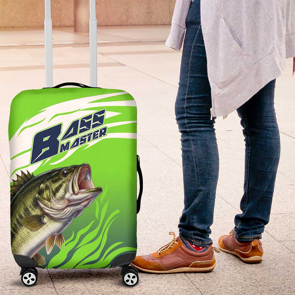 Bass Master Fishing Luggage Cover with Jumping Largemouth Bass and Green Wave Pattern - Wonder Print Shop