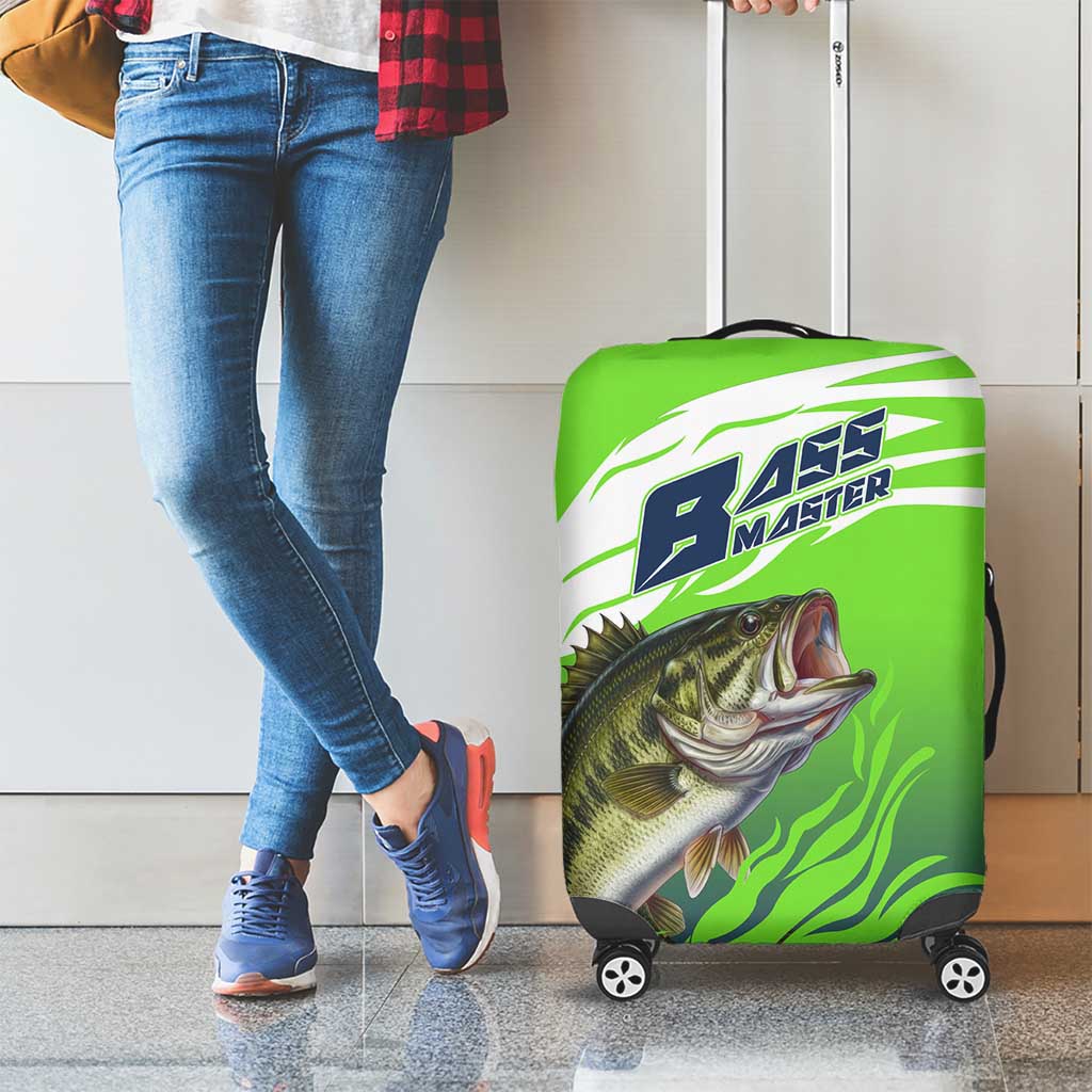 Bass Master Fishing Luggage Cover with Jumping Largemouth Bass and Green Wave Pattern - Wonder Print Shop