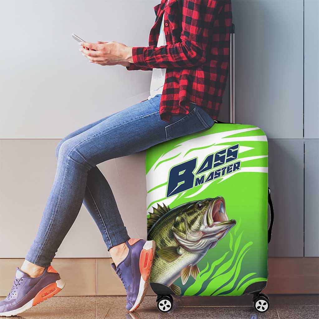 Bass Master Fishing Luggage Cover with Jumping Largemouth Bass and Green Wave Pattern - Wonder Print Shop