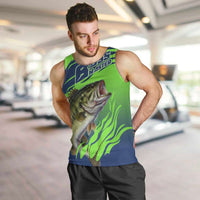 Bass Master Fishing Men Tank Top with Jumping Largemouth Bass and Green Wave Pattern - Wonder Print Shop