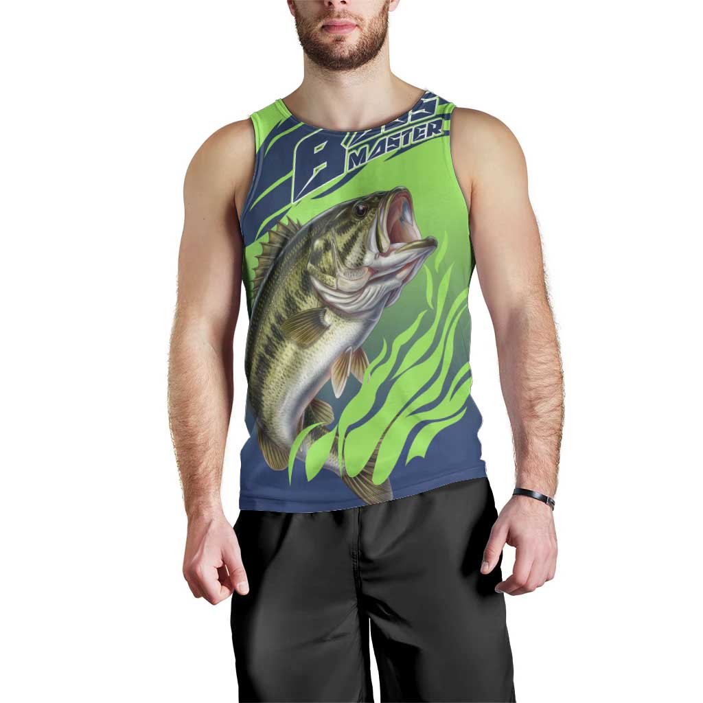Bass Master Fishing Men Tank Top with Jumping Largemouth Bass and Green Wave Pattern - Wonder Print Shop