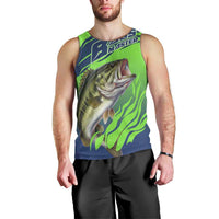 Bass Master Fishing Men Tank Top with Jumping Largemouth Bass and Green Wave Pattern - Wonder Print Shop