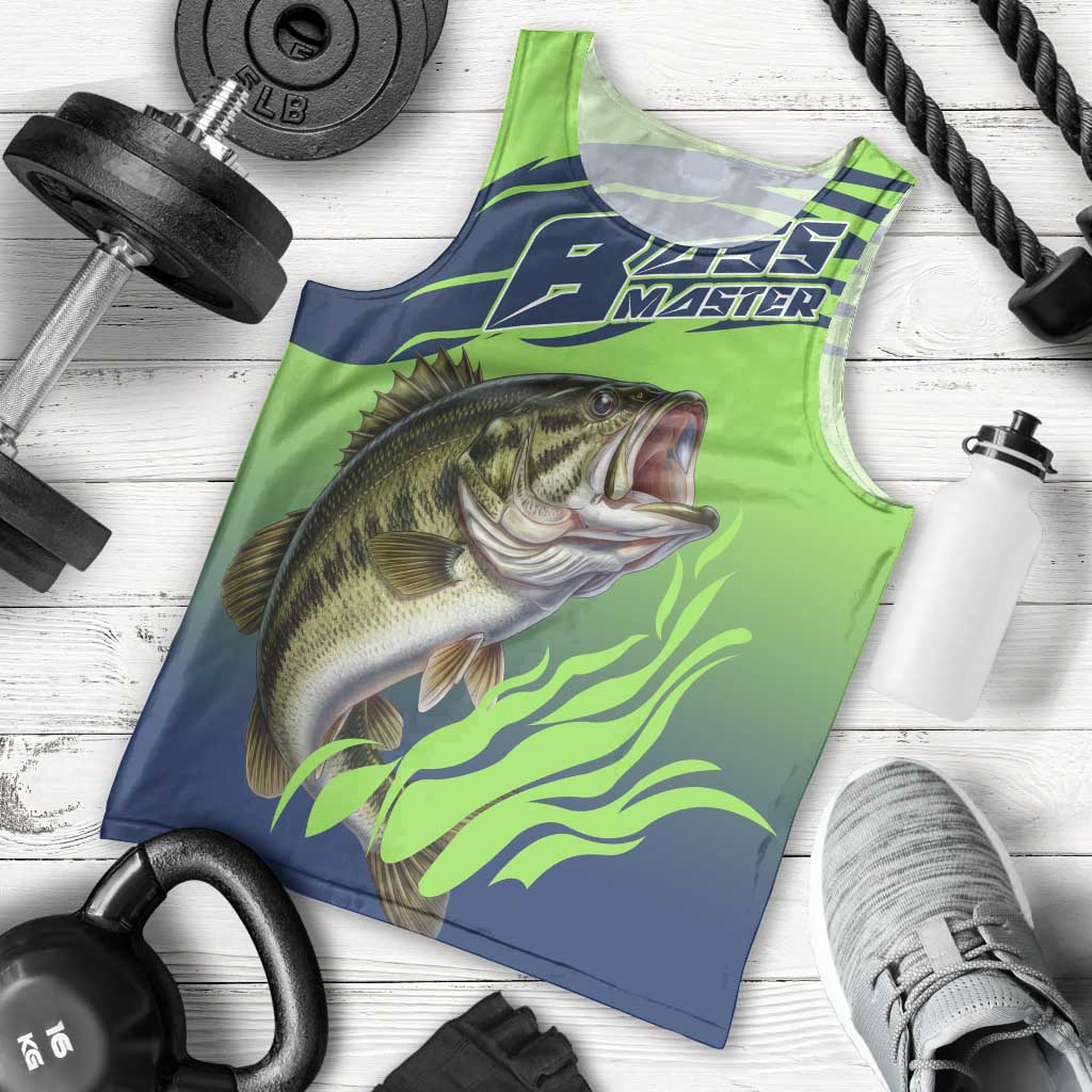 Bass Master Fishing Men Tank Top with Jumping Largemouth Bass and Green Wave Pattern - Wonder Print Shop