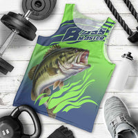 Bass Master Fishing Men Tank Top with Jumping Largemouth Bass and Green Wave Pattern - Wonder Print Shop