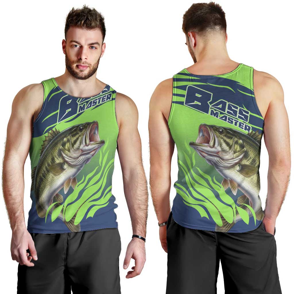 Bass Master Fishing Men Tank Top with Jumping Largemouth Bass and Green Wave Pattern - Wonder Print Shop