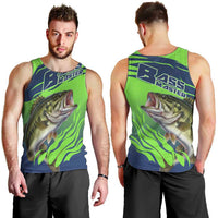 Bass Master Fishing Men Tank Top with Jumping Largemouth Bass and Green Wave Pattern - Wonder Print Shop
