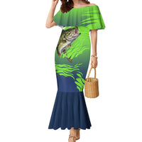 Bass Master Fishing Mermaid Dress with Jumping Largemouth Bass and Green Wave Pattern - Wonder Print Shop