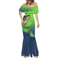 Bass Master Fishing Mermaid Dress with Jumping Largemouth Bass and Green Wave Pattern - Wonder Print Shop