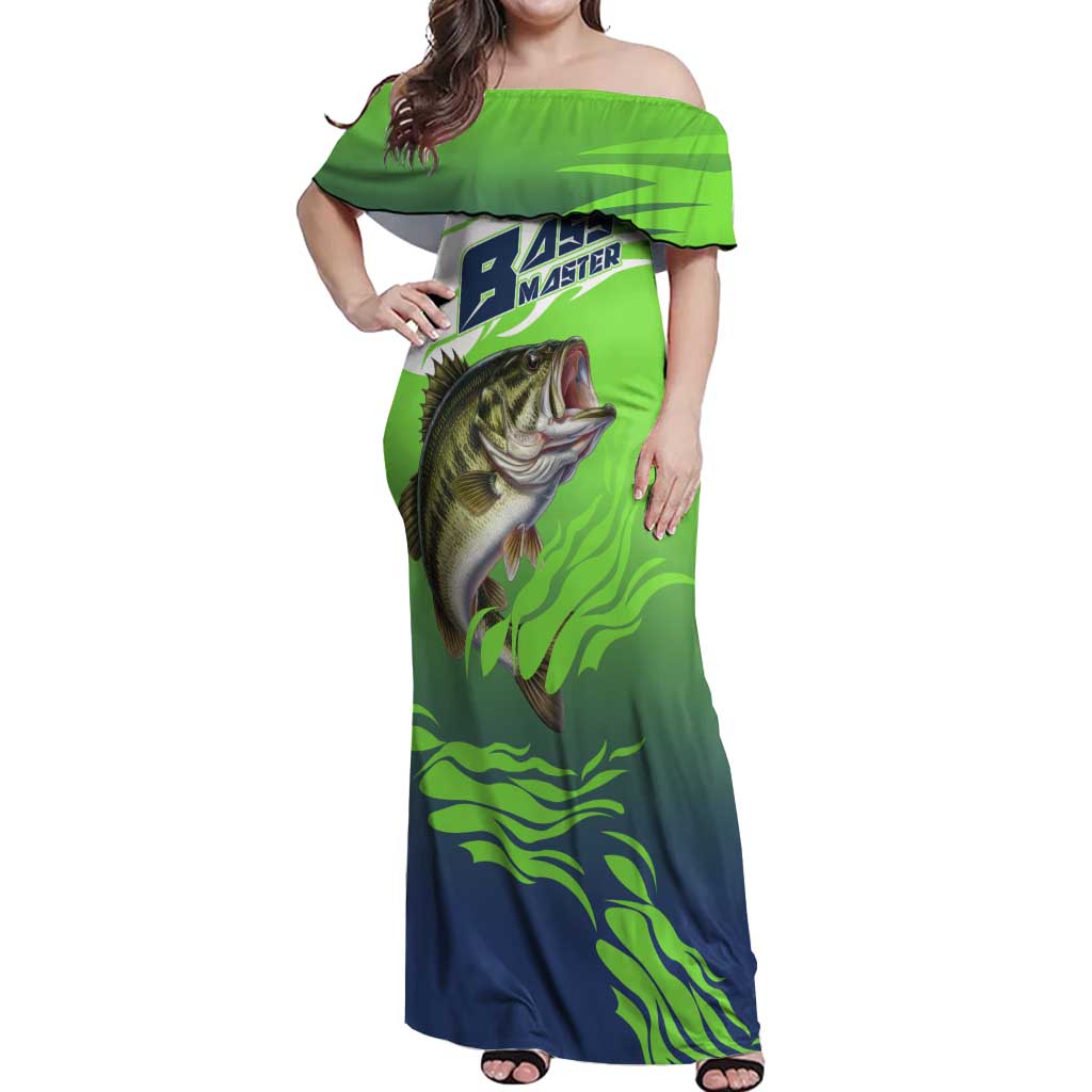 Bass Master Fishing Off Shoulder Maxi Dress with Jumping Largemouth Bass and Green Wave Pattern - Wonder Print Shop