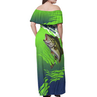Bass Master Fishing Off Shoulder Maxi Dress with Jumping Largemouth Bass and Green Wave Pattern - Wonder Print Shop