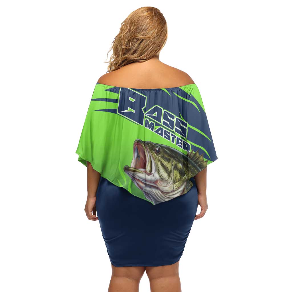 Bass Master Fishing Off Shoulder Short Dress with Jumping Largemouth Bass and Green Wave Pattern - Wonder Print Shop