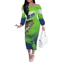Bass Master Fishing Off The Shoulder Long Sleeve Dress with Jumping Largemouth Bass and Green Wave Pattern - Wonder Print Shop